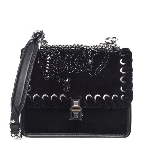 FENDI Velvet Crystal Lace Up Kan I Small Shoulder Bag Black 